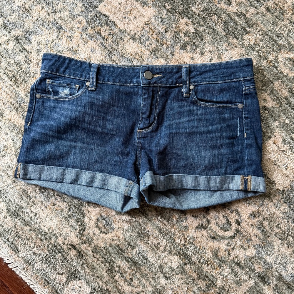 PAIGE Dark Blue Denim Cuffed Jean Shorts